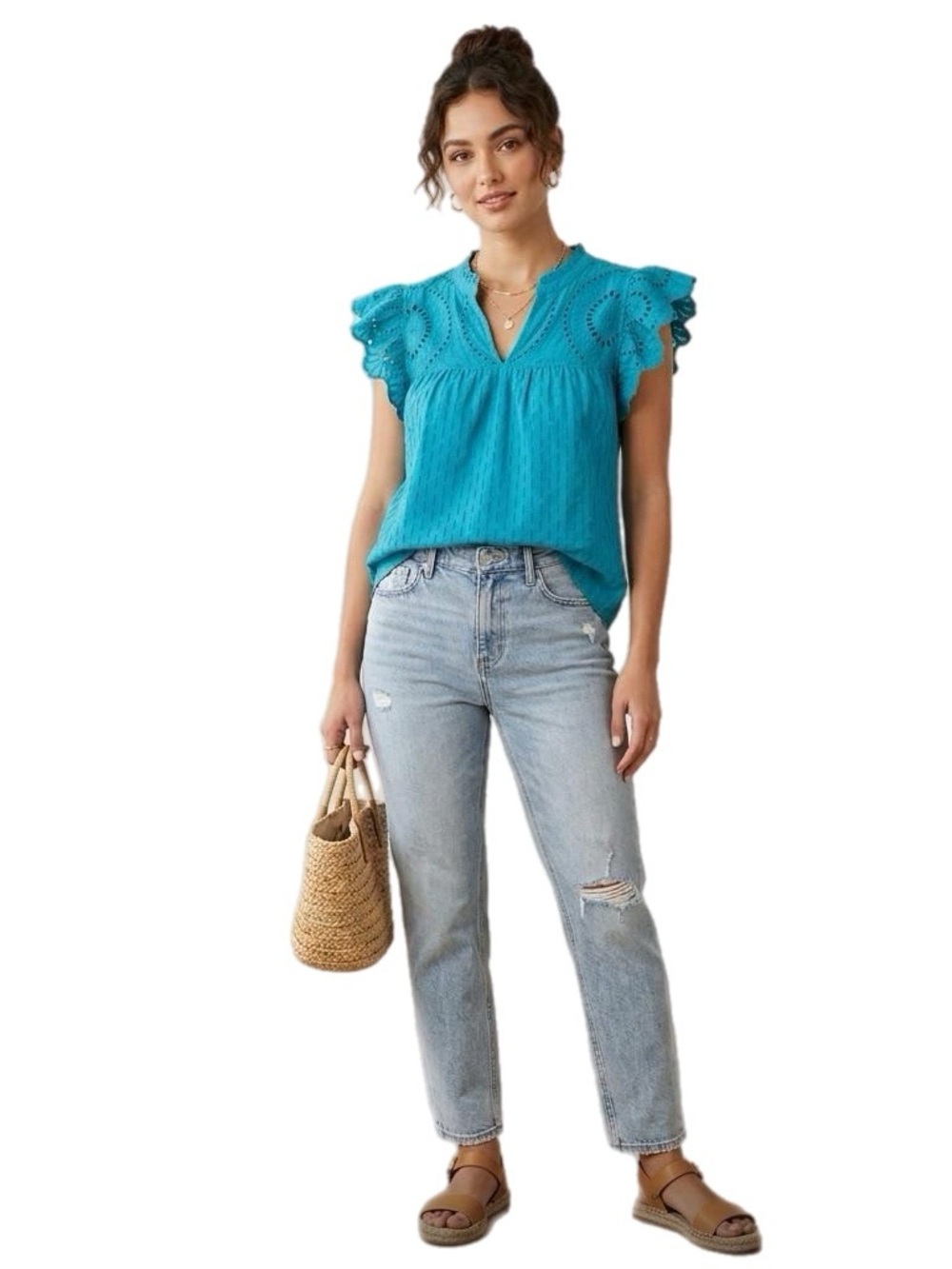 Daniel Rainn Eyelet Flutter Sleeve Top - Turquoise Size XL